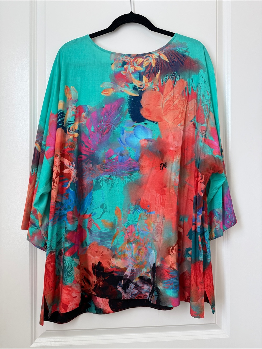 Soft Surroundings Abstract Floral Teal & Coral Women’s Tunic Top - Picture 3 of 5